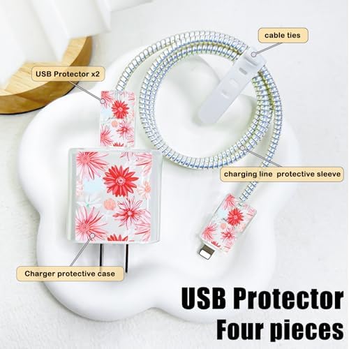 Cute Cable Protector for iPhone Adapter Charger, Red Chrysanthemum Flowers Design, Soft TPU Data Cable USB-C Case Data Line Cord Saver Charger Protective Case for iPhone 11 12 13 14 15 Pro Max