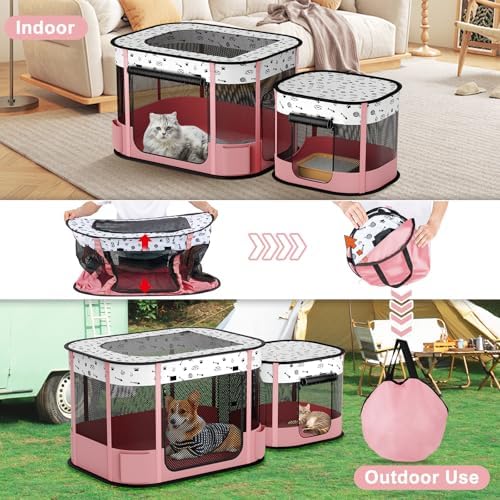 Portable Cat Playpen, 8-Rod Reinforced Kitten Dog Playpens, Foldable Play Pen for Indoor Cats Enclosed Pet Puppy Doggy Outdoor, Collapsible Tent Kennel Cage, Pink