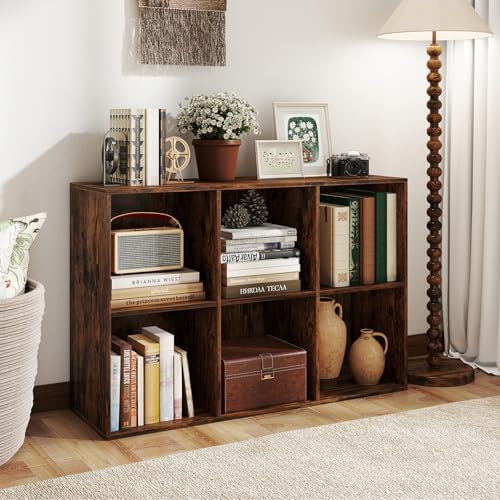 Giantex 6-Cube Bookcase, 3-Tier Cubby Bookshelf, Horizontal Vertical Display Rack with Anti-Tipping Kits, Modern Storage Organizer Shelf Unit for Living Room, Home Office, Rustic Brown | Horizontal Vertical Display Rack with Anti-Tipping Kits, Modern S...