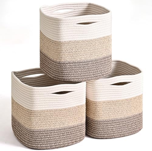 ICERZCZ 13 Inch Cube Closet Storage Bins, Woven Cotton Rope Organizer Baskets for Organizing & Shelves, Books, Towels, Clothes, Toys, 13x13x13 in, Gradient Brown (Pack of 3)