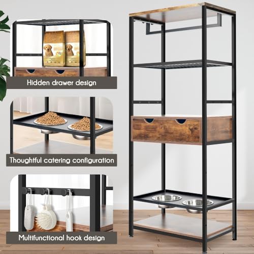 Ergonomic Raised Dog Feeding Station with Adjustable Height Bowls and Built-in Storage Shelves for Medium to Large Breeds