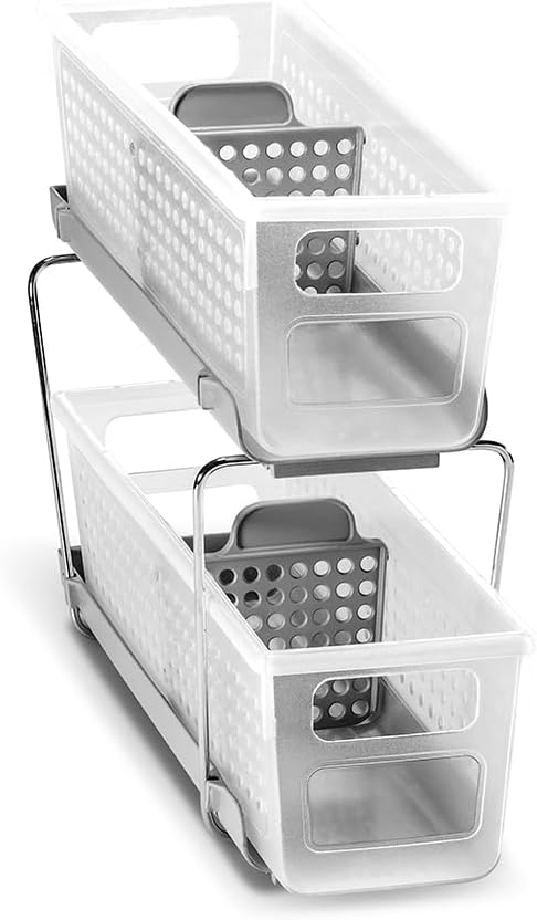 madesmart Compact Two Tier Organizer, Frost | pull out bins, adjustable dividers, tiered access, cleaning supplies, under sink use, pantry bottles, woman owned