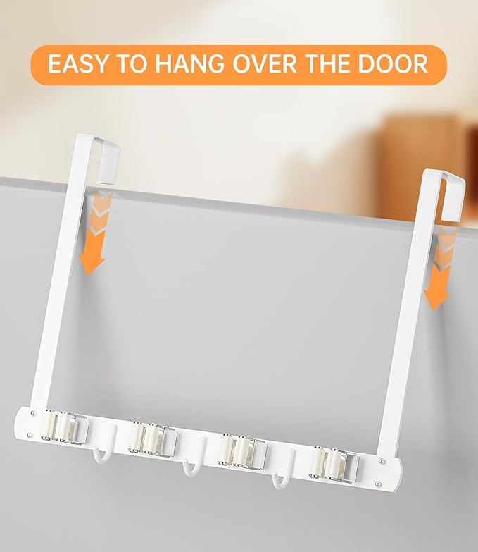Broom Holder Over The Door with Hooks -304 Stainless Steel (White) | Save Space, Anti-Rust & Sturdy, Mop and Broom Holder Wall Mounted or Hanging Over The Door, for Garage Laundry Kitchen