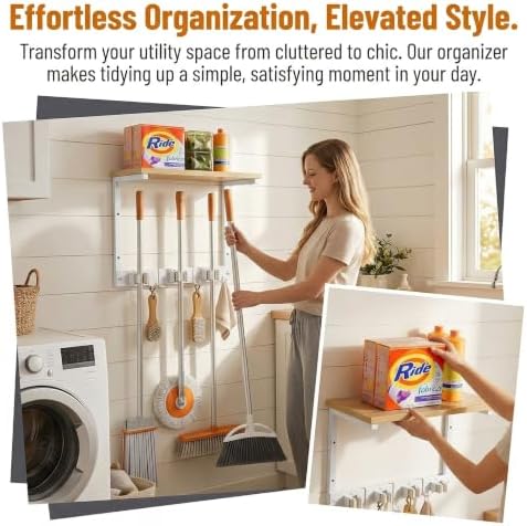 Upgraded Broom Holder Wall Mount with Shelf, Mop and Broom Organizer Wall Hanging, Cleaning Supplies Organizer (small)