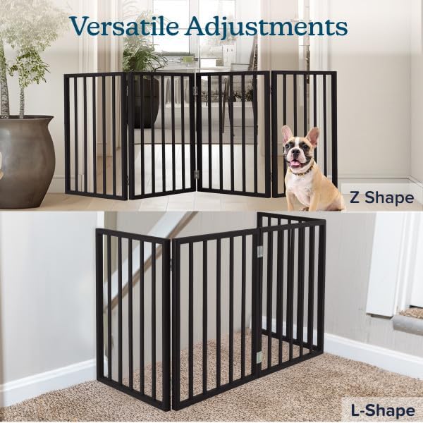 Pet Gate - 4-Panel Indoor Foldable Dog Fence for Stairs, Hallways, or Doorways - 72x24-Inch Wood Freestanding Dog Gates by PETMAKER (Black)