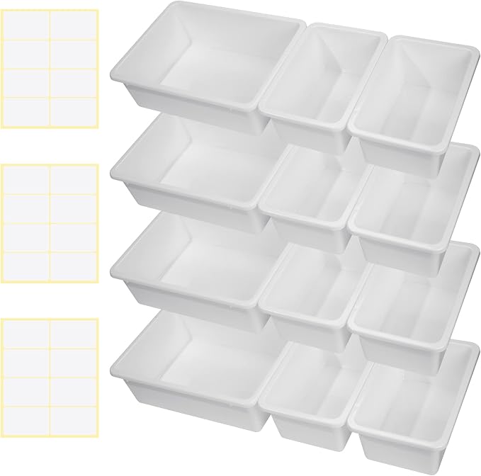 Zonon 12 Pcs Plastic Cubby Bins Office Storage Container Storage Bins Plastic Organization with 1 Pack Self Adhesive Label for Library Office Home Nursery(White)