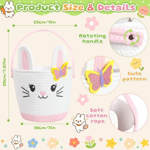 Small Woven Storage Basket with Handle, Cute Bunny Baskets for Gift Empty, Cotton Rope Storage Basket for Toy Organizer