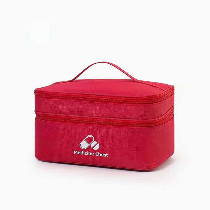 Dual Layers First Aid Bag Empty with Lockable Zipper,Pill Bottle Organizer Storage Bags,Household Medicine Storage Bag for Home Pills Vitamins Emergency Supplies Travel (Red,11.02×7.87×5.91inch)