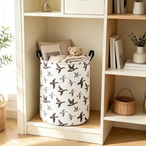 Round Laundry Basket Collapsible Storage Hamper Organizer Mallard Duck | Waterproof Canvas Foldable Baskets with sturdy Handles Multi-scene Organizer for Home Play Bedroom Gift Bin