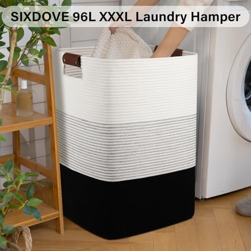 Laundry Hamper 96L Extra Large Laundry Basket, Woven Blanket Basket | Cotton Woven Storage Hamper with Handles for Living Room, Large Baskets for Pillows, Blankets, Clothes-Gradient Black
