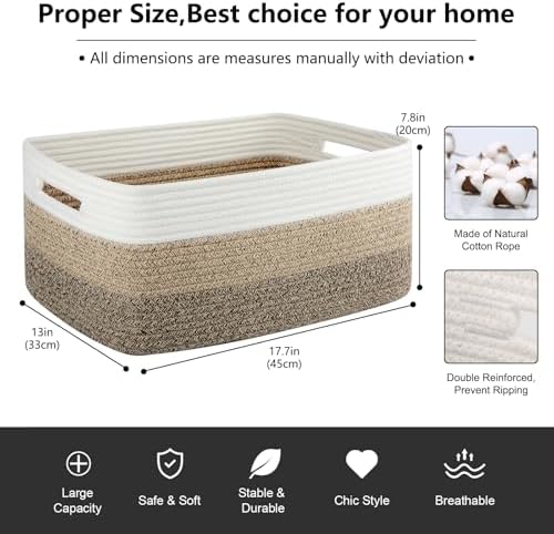 OIASKET Large Storage Basket for Organizing, Woven Rope Basket for Shelves, Closet Organizer Bins for Clothes, Blanket, Toys, Baby Nursery Storage, 17.7" x 13" x 7.87", 2 Packs Yellow