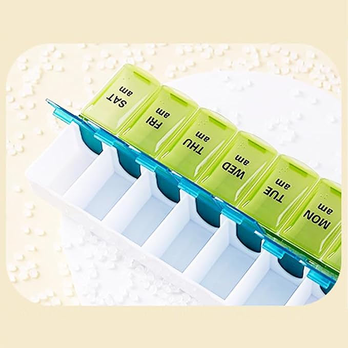 Weekly Pill Organizer Dispenser Case, 2 Times a Day, One-Side Open | 7 Day Medicine Planner Box for Easy Filling, AM PM Pill Case for Vitamins, Medication, Supplements, Fish Oils, Blue + Green