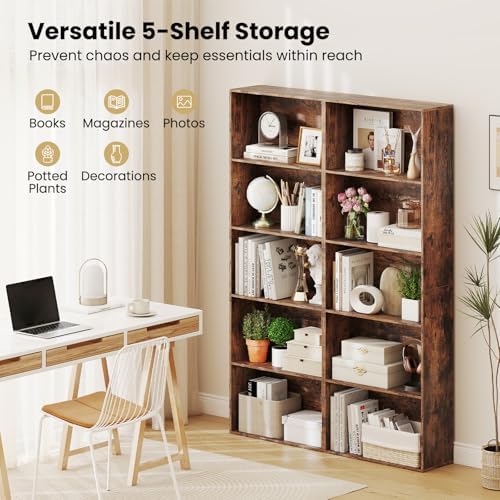 Giantex 5-Tier Bookshelf, Freestanding Bookcase with 5 Open Shelf, Modern Display Shelf, Storage Organizer for Living Room Bedroom Home Office, Rustic Brown