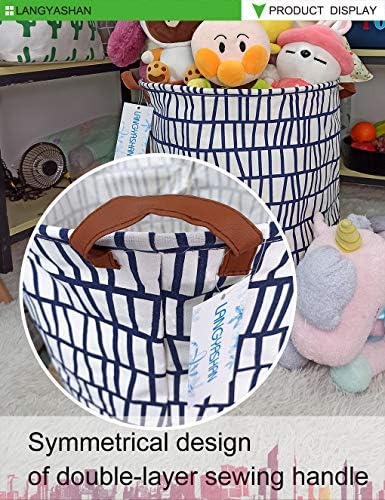 Round Laundry Basket Collapsible Storage Hamper Organizer Blue Stripes | Waterproof Canvas Foldable Baskets with sturdy Handles Multi-scene Organizer for Home Play Bedroom Gift Bin