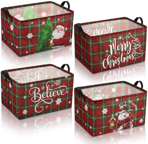 Chunful 4 Pcs 4 Pack Christmas Storage Baskets for Gifts Collapsible Red and Green Tartan Plaid Christmas Let It Snow Laundry Storage Bins Foldable Box with Handles for Home Bedroom Office Containers
