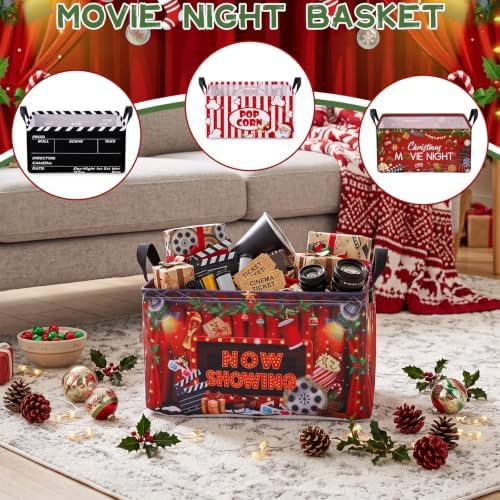 Breling 4 Pcs Christmas Movie Night Gift Baskets with Handles Christmas Party Supplies Snacks Boxes Xmas Santa Snowman Cinema Movie Theater Snack Bins Party Decorations for Xmas Birthday Holiday