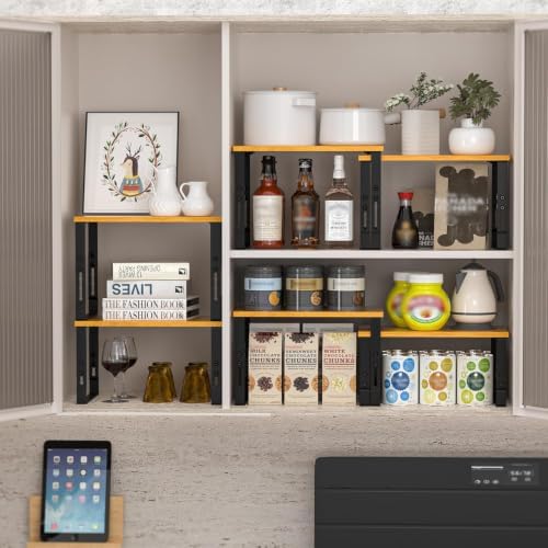 Expandable Kitchen Cabinet Organizer Shelves – Stackable Adjustable Metal and Wood Storage Racks for Countertop, Pantry, Garage Set of 2 Spice Rack – Easy Assembly, Space-Saving(2 Packs/Medium/Black)