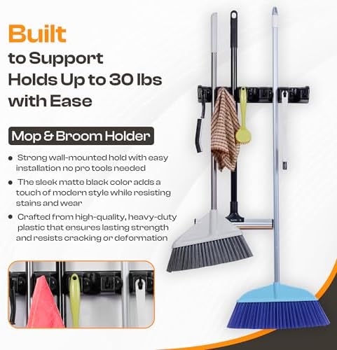 ABS Plastic Broom Holder Wall Mount, 5 Slots & 6 Hooks | Waterproof organizer for mops, brooms, rakes and tools, wall mount with screws for garage, laundry and garden