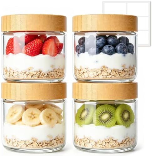 ComSaf Overnight Oats Containers with Lids 10 oz, Small Glass Jars 4 Pack | Mason Jars, Plastic Liner, Portable Yogurt Containers, Leakproof and Reusable Parfait Cups, Light Breakfast, Meal Prep, Oat