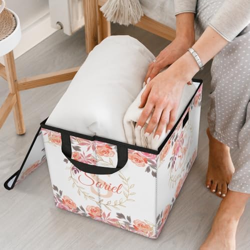 Floral Storage Bin with Lid Personalized Storage Baskets for Organizing Foldable Closet Organizers with Handles,Cute Basket for Boys Girls for Clothes Blanket Pet Dog Toy Basket Storage (2 Pack)