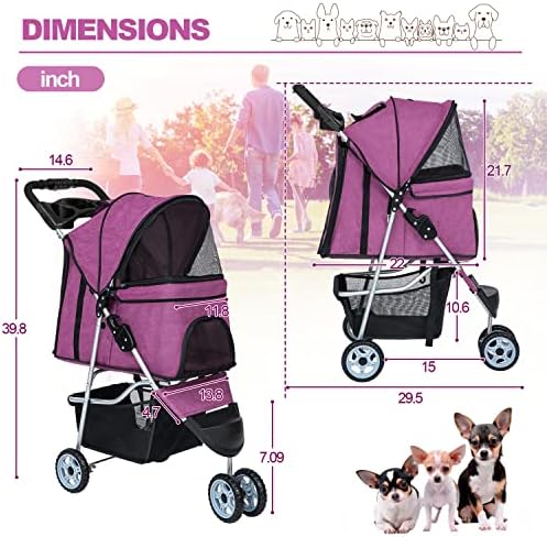 BestPet | 3-Wheel Foldable Pet Stroller | Purple | Lightweight & Portable | Travel Carrier with Mesh Windows, Storage Basket, Cup Holder, Safety Brakes, and Waterproof Fabric | For Small Dogs and Cats