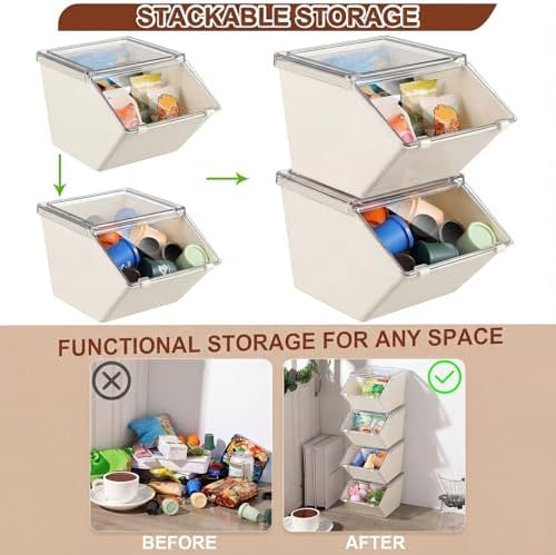 Yerliker 6 Pcs Clear Plastic Storage Bins with Lids Large Stackable Pantry Storage Organizer Bins Kitchen Organization Cabinet Organizers Ideal Containers for Fridge, Kitchen, Cabinets (White)
