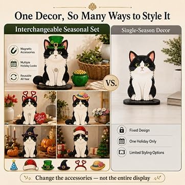 Interchangeable Seasonal Animal Wooden Decor Set | Magnetic Holiday Cat Dog Desk Sign Animals Figurines Tabletop Ornament to Dress up, Pet Magnetic Accessories with Hats(#H)