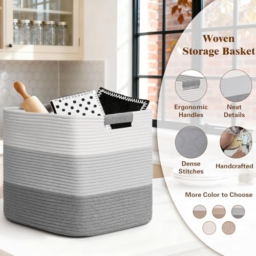 15×13 Inch Storage Cubes, 3 Pack Cube Storage Bins for Organizing, Cotton Rope Woven Baskets for Shelves, Bathroom, Kids Room, Closets, Baby Nursery