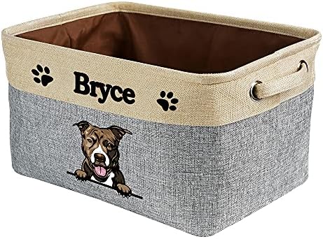 Personalized Fabric Dog Toy Storage Basket with Funny Dog Pit Bull Collapsible Sturdy Fabric Pet Toys Storage Bin Cube with Handles for Organizing, Grey and White