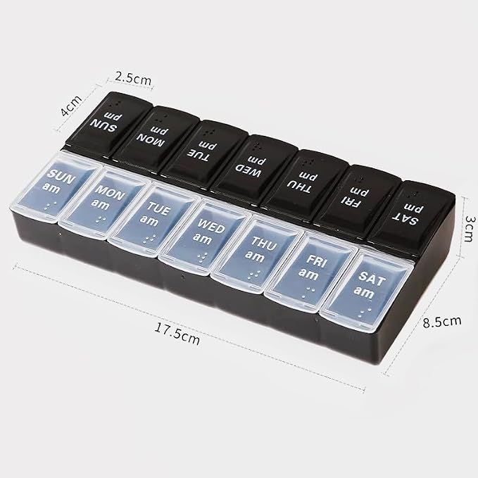 Daily Pill Organizer Box, Travel Large Size Pill Case Dispenser | 14-day Weekly Medicine Supplement Holder, Portable Vitamin Sorter Fish Oil Capsule Tablet DHA Container, Black + Transparent