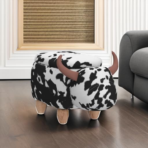 Home 2 Office Cow Ottoman with Storage for Bedroom, Playroom, Nursery or Recreation Room Decor, Soft Animal-Shaped Ottoman with Wooden Legs