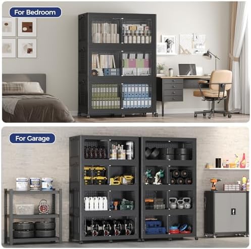 120Gal Stackable Storage Bins with Lid 3-Tier Collapsible Cabinet Closet Organizer Box with Wheels, 480QT Large Plastic Drawer Container with Doors for Clothes Kitchen Organizing, Black
