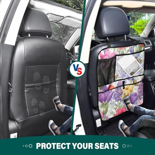 2 Pack Back Seat Car Organizer with Storage Pockets Kick Mats Back Seat Protector Hanging Car Organizer Automotive Seat Back Cover Organizers Tulips Lavenders Purple Butterfly