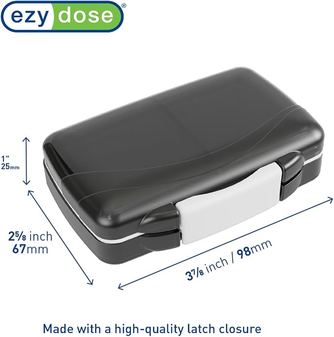 Ezy Dose Moisture-Proof Travel Pill Case, 4 Compartments, Black, Small | Moisture-Proof Pill Case, Medicine Planner, Vitamin Organizer Box, Travel-Friendly, Latch-Closure to Secure Contents