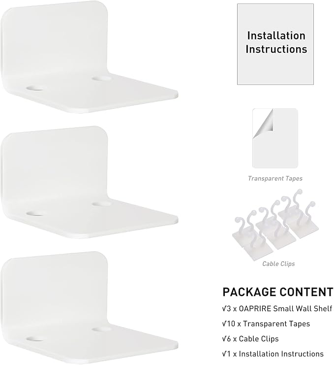 OAPRIRE Small Floating Wall Shelf Set of 3, 4" White Acrylic for Monitors | Universal, with Cable Clips & Tapes, No Drill, Easy to Install, Durable, Fits Security Cameras, Baby Monitors, Speakers
