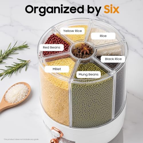 360° Rotating 6 Grid Rice & Cereal Dispenser, Dry Grain Storage Organizer | Rice Storage Container with Independent Drawer and Lid, Dry Food Dispenser for Store Rice&Various Beans, 14.33lbs Capacity