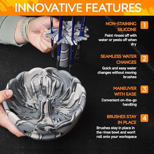 Paint Brush Cleaner - Silicone Brush Cleaner with Rinse Bowl | Upgraded 3-in-1 Paint Brush Holder and Cleaner Tool for Acrylic Painting | Best Painting Tool for Artists | Gift for Art Lovers