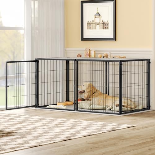 Large 63.7" Dog Playpen-Heavy Duty Metal Exercise Pen for Medium Dogs,Black | 63.7" x 34.2" x 31.7" heavy-duty metal dog pen with flexible front/side gate placement & secure latch.
