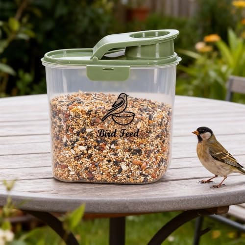 2.1 Qt/2 L Bird Seed Storage Container with Flip Lid & Pour Spout, 2 Pcs Airtight Bird Food Container with Scale for Sunflower Seeds, Portable Travel Kibble Storage Dispenser for Small Animal