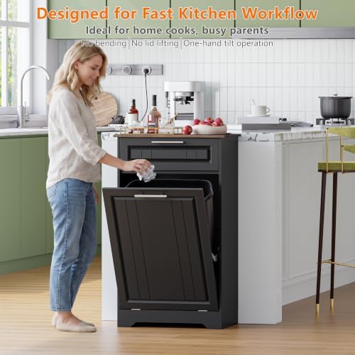 Single 10 Gallon Tilt Out Trash Can Cabinet with Deodorizing Function, Wooden Hidden Garbage Can Holder with Storage Drawers for Kitchen and Dining Room, Laundry Hamper Cabinet for Bathroom, Black