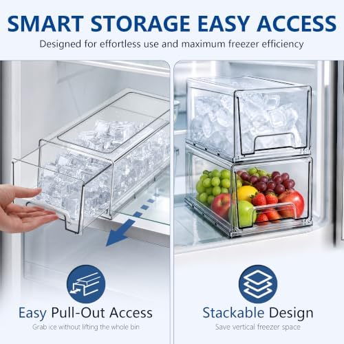 Stackable Ice Storage Bin for Freezer with Front Slide-Out Drawer | Clear PET bin with lid, 12.6 x 5.9 x 4.3 in, includes scoop, tongs and 10 washable labels, for ice and frozen fruit