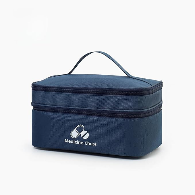 Dual Layers First Aid Bag Empty with Lockable Zipper,Pill Bottle Organizer Storage Bags,Household Medicine Storage Bag for Home Pills Vitamins Emergency Supplies Travel (Navy Blue,11.02×7.87×5.91inch)