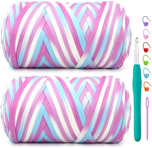 2 Pack Tshirt Yarn for Crochet,Rainbow T Shirt Soft Elastic Fabric Chunky Thick T-Shirt Crochet Yarn for Crocheting Knitting Beginner Hand Knitting Bag/DIY Craft/Home Decor 2 * 400G-Purple White Blue