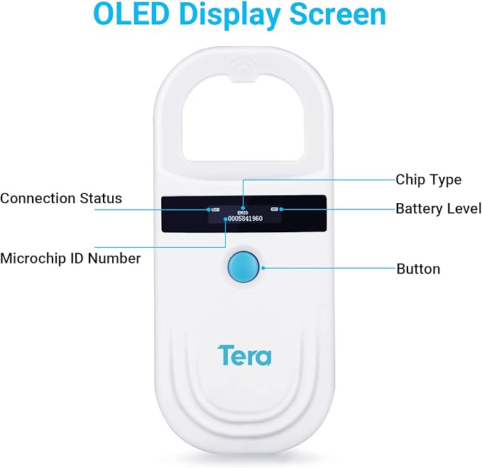 Tera Pet Microchip Reader Scanner with D-Ring RFID Portable Animal Chip ID Scanner with OLED Display Screen Rechargeable Data Storage Tag Scanner EMID FDX-B(ISO11784/85) for Dog Cat Animal Management