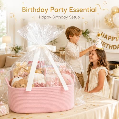 OIASKET Large Empty Cotton Rope Gift Basket with Handles, 18.9"x13.8"x7.8" Decorative Woven Storage Basket with Gift Bag and Ribbon Set for Baby Shower, Toy Organizer for Kids, Dogs & Cats - Pink