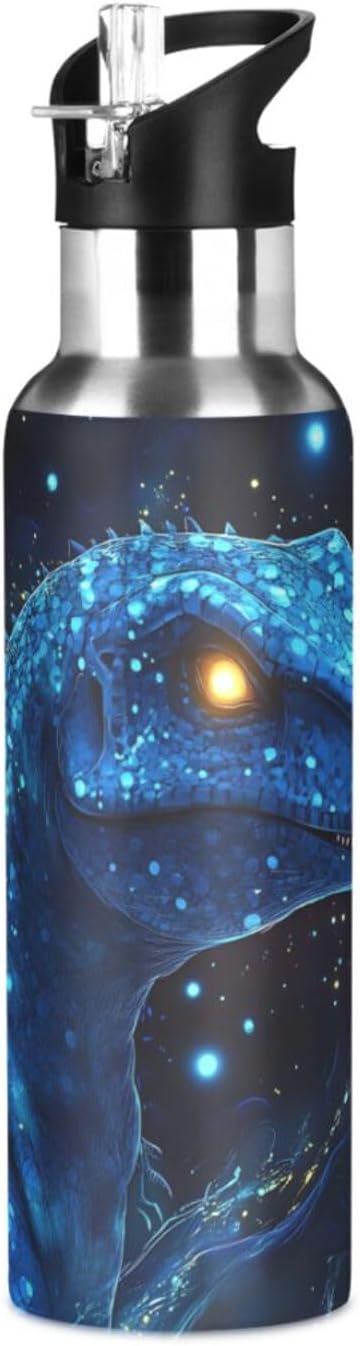 Tech Dinosaur Blue Galaxy Water Bottle with Straw Lid Kids Insulated Stainless Steel Water Flask Sports, 20 Oz Hot Cold