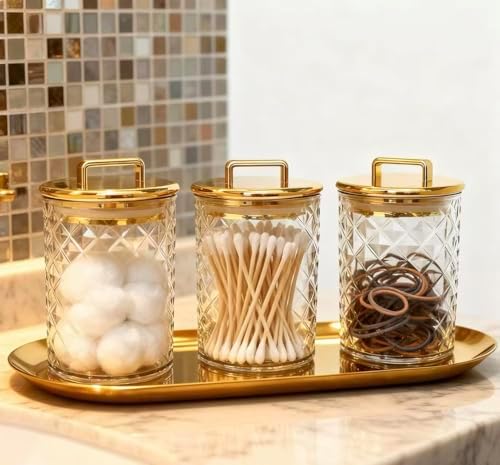 Acrylic Storage Jar with Gold Lid – Airtight Clear Canister for Bathroom & Vanity | Apothecary Jar for Qtips, Cotton Pads, Bath Salts, Snacks & Small Essentials 4.8"
