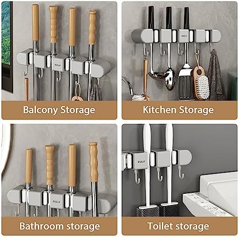 2Pcs Broom Holder Wall Mount, No-Drilling Self-Adhesive Mop and Broom Storage Rack with Hooks (4 Racks with 5 Hooks), Wall-Mounted Broom Hanger for Bathroom, Kitchen, Closet, Garage (Grey)
