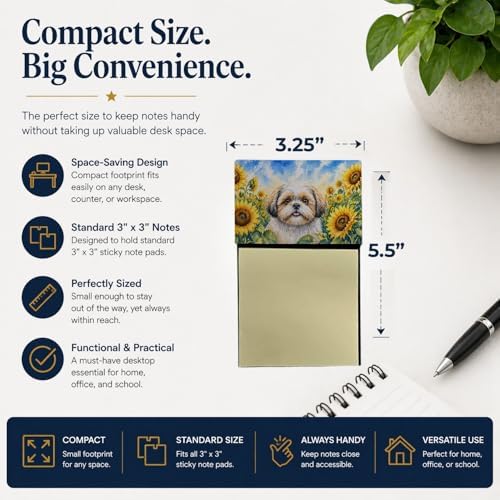 Caroline's Treasures Shih Tzu in Sunflowers Watercolor Sticky Note Holder Refillable Dispenser Desk Accessory 3x3 Pad Gift