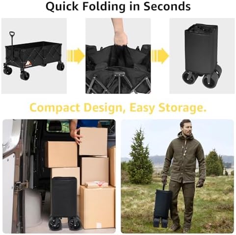 Collapsible Wagon Cart with Wheels Foldable - Folding Utility Heavy Duty Wagons Carts for Grocery Sports Garden Shopping Camping Wheelbarrows (Black,300L)